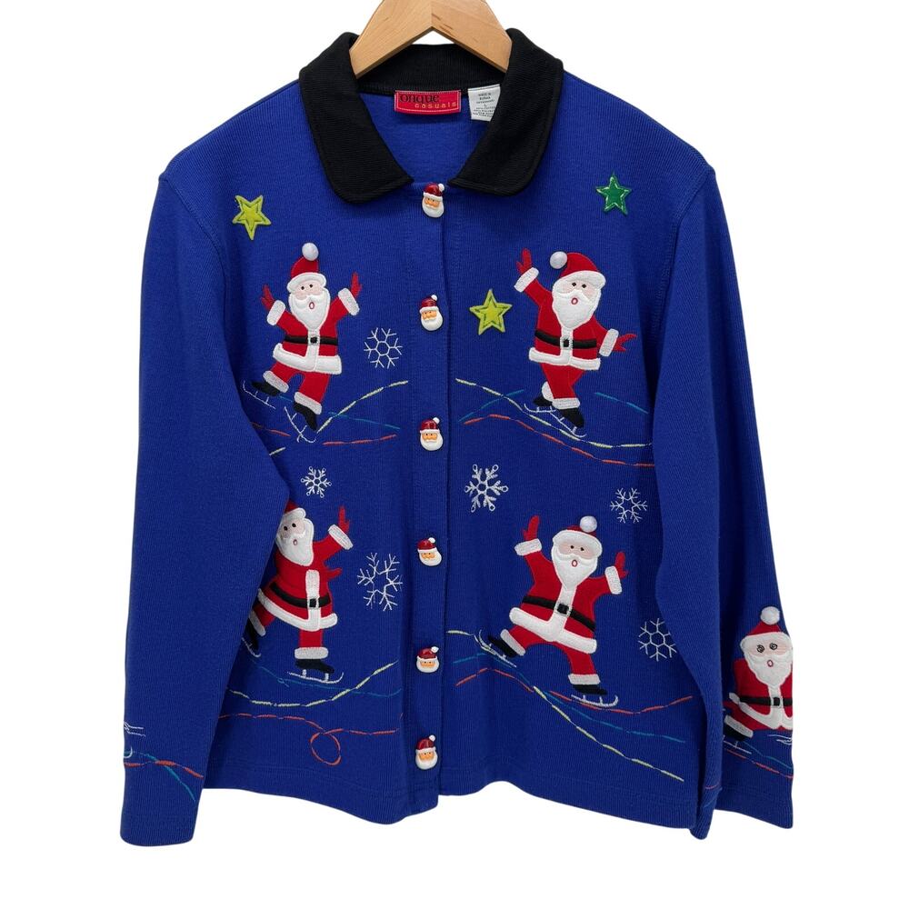 Onque Casuals Sweater Womens‎ Large Embroidered Santa Christmas Button Up Knit